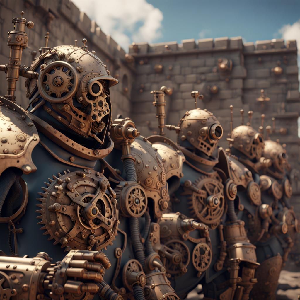 Clockwork Soldiers Defend Wall: Steampunk Fantasy