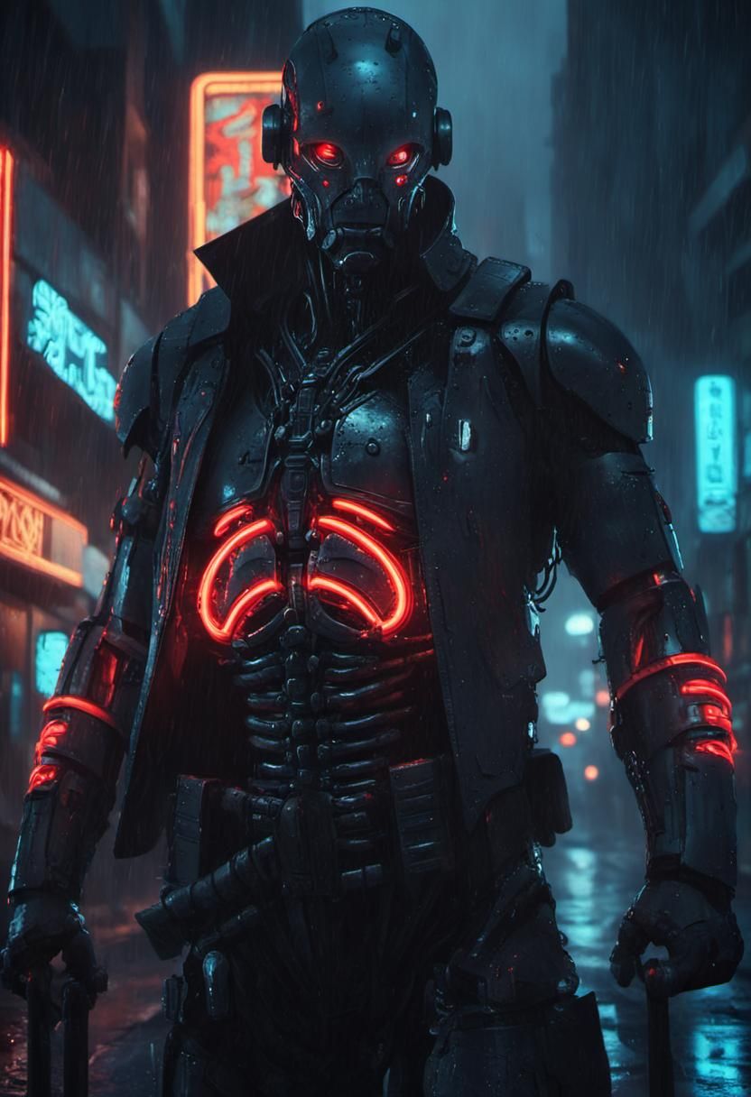 Cyborg Walks Rainy Street in Cyberpunk Style