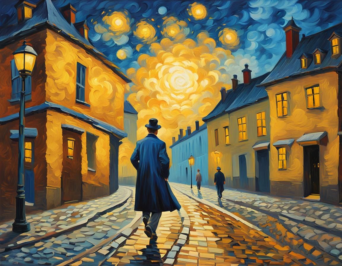 Man Walks at Night: Impressionist Oil Painting