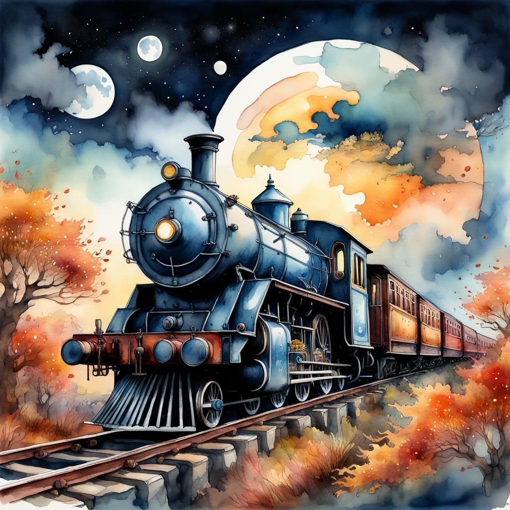 Heavenly Steam Train at Autumn Sunset: Digital Watercolor