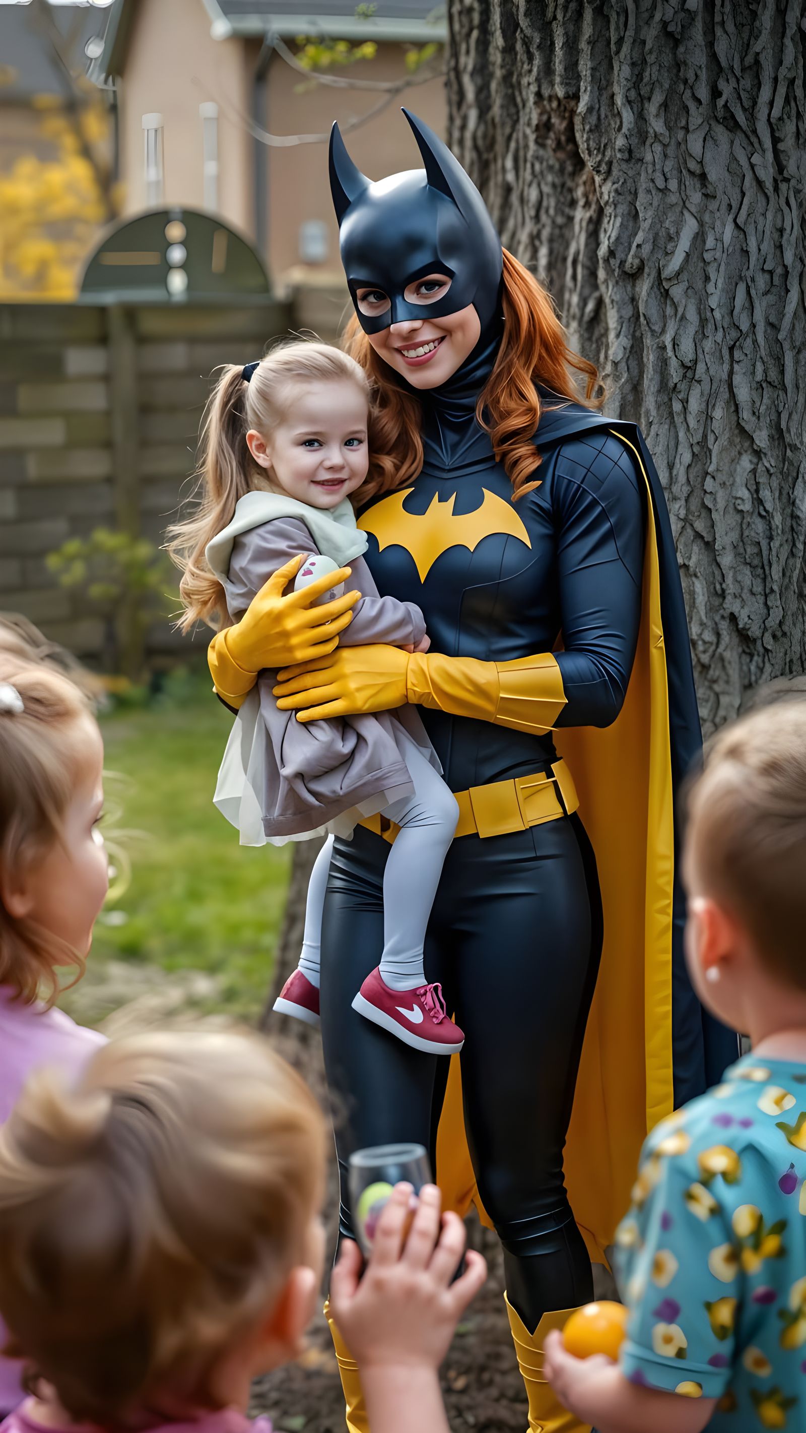 Batgirl Surprises Easter Egg Hunt with a Young Friend