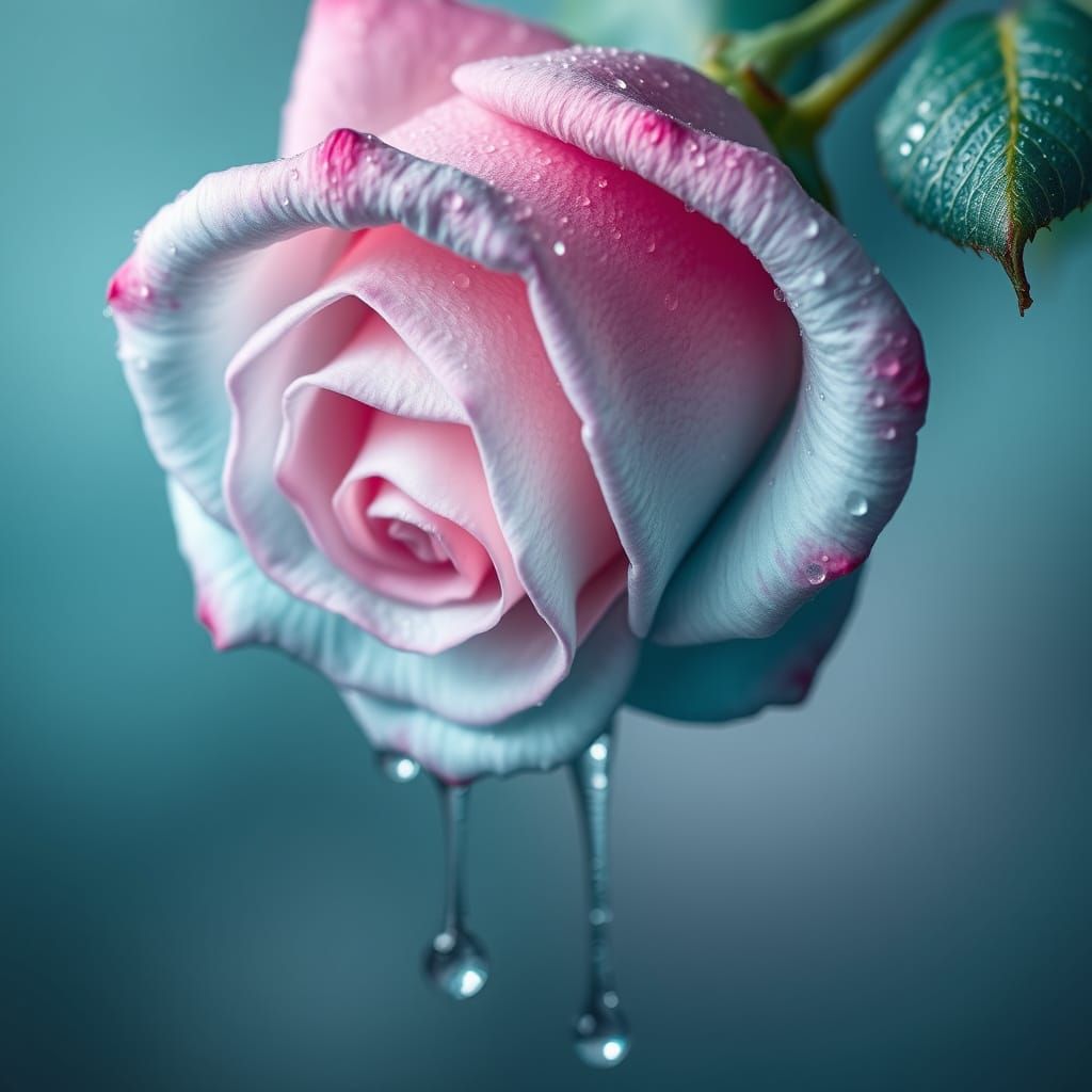 Artistic rose, teal dew dripping