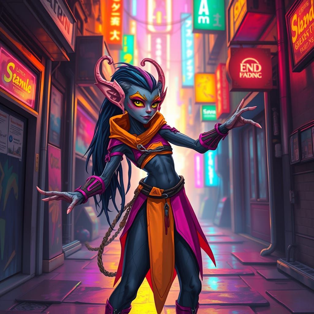 Drow Elf Poses in Neon Cyberpunk Alleyway