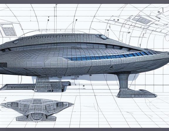 A blueprint drawing of a starship futuristic, detailed, meticulous, isometric 3d, vray, sketchlab, architectural drawing...