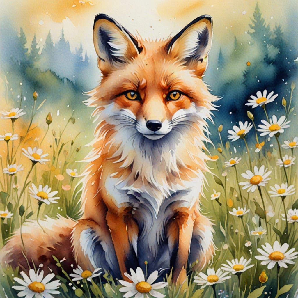 Fantasy Fox in Daisies: A Watercolor Dream