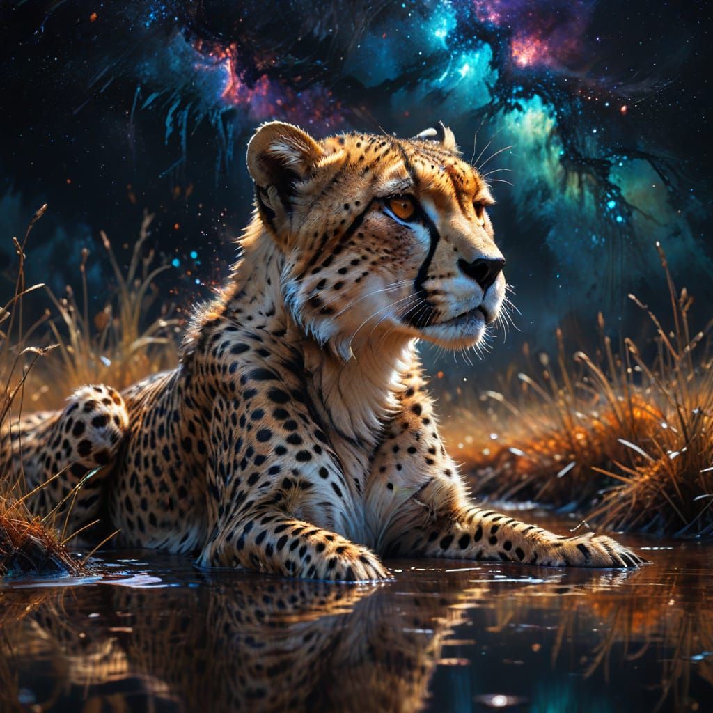 Cheetah's Reflection in Starry Savanna Waterhole