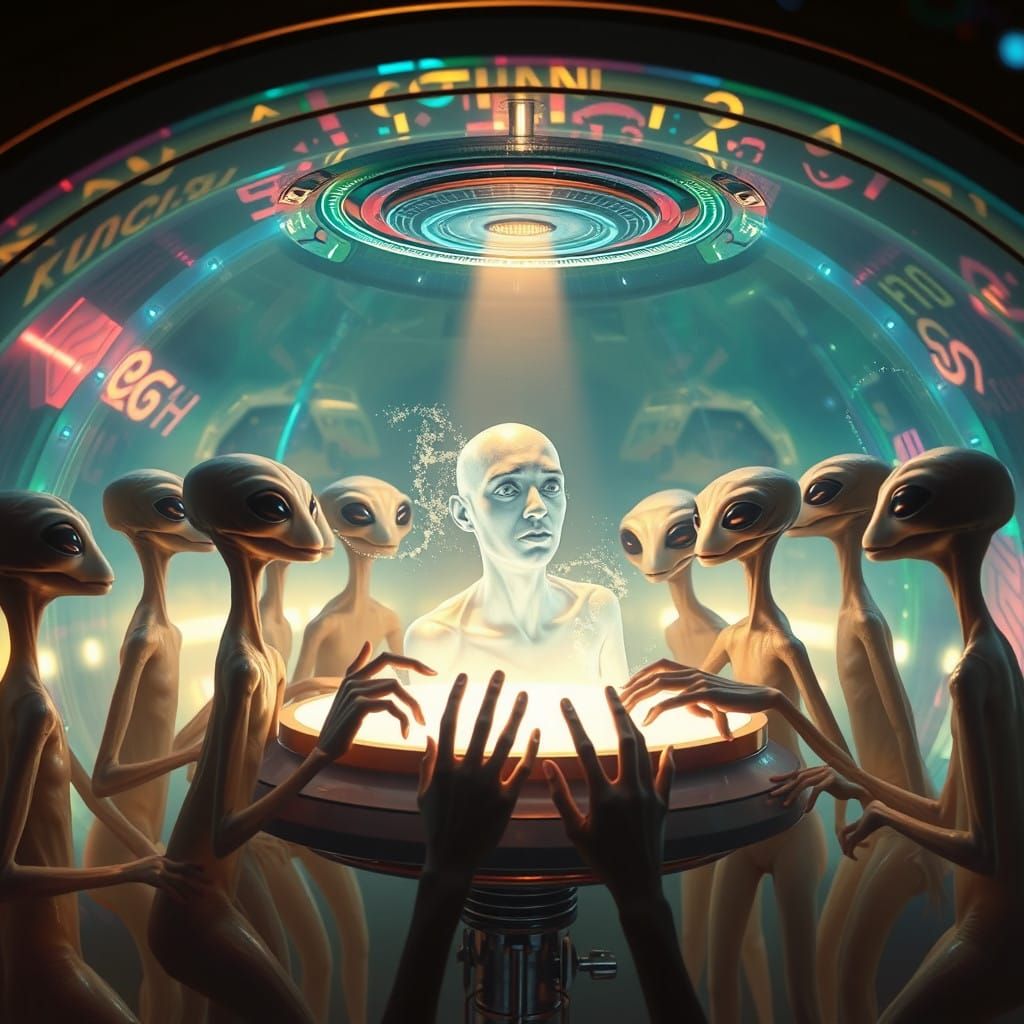 Aliens Study Human Hologram in Iridescent UFO