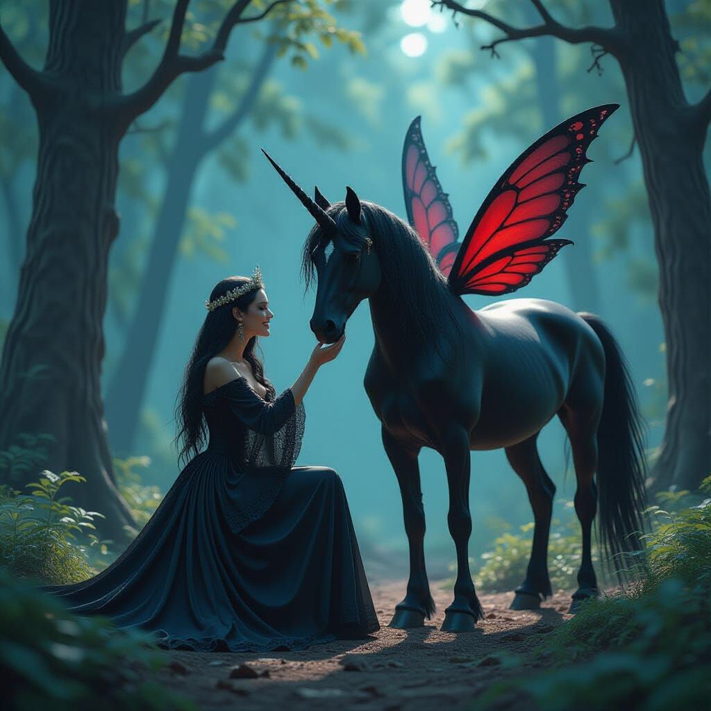 Gothic Fairy and Black Unicorn in Dark Forest