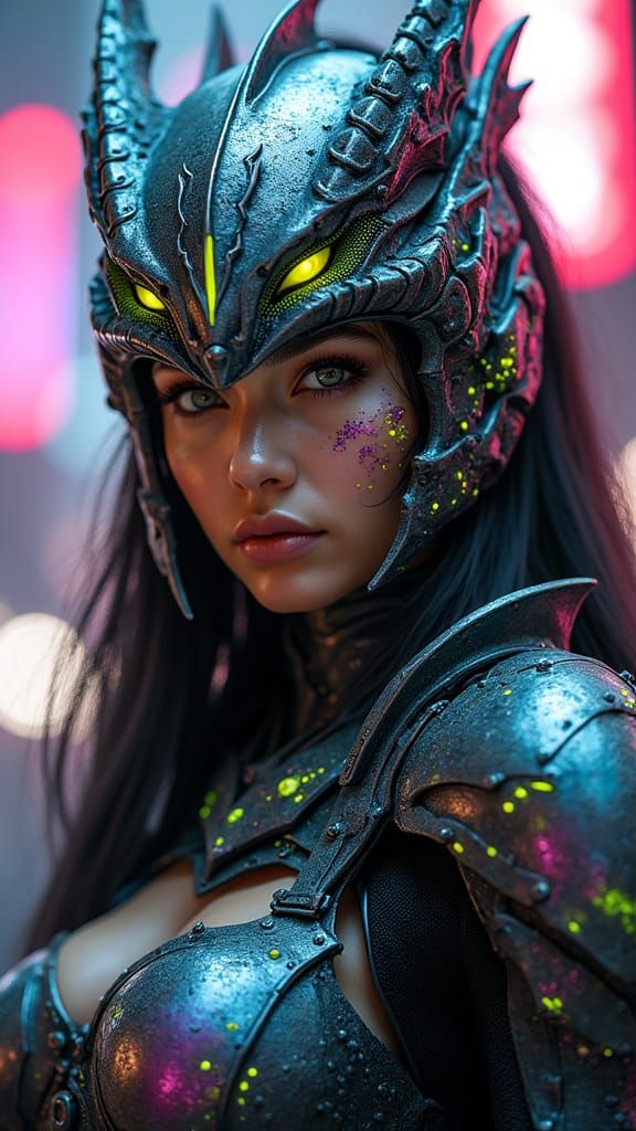 Cyberpunk Dragon Warrior with Glowing Eyes and Neon Armor