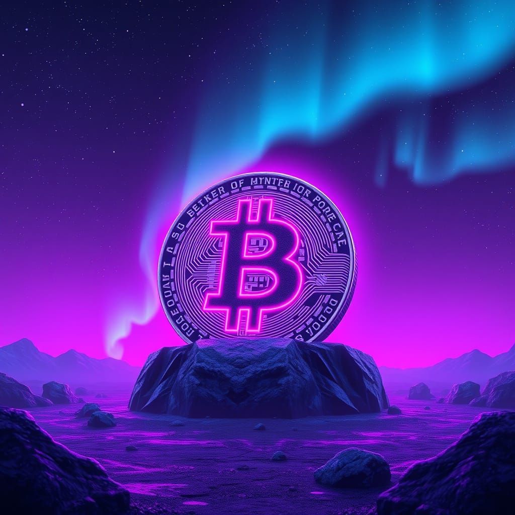 Bitcoin in Synthwave Style Under Northern Lights