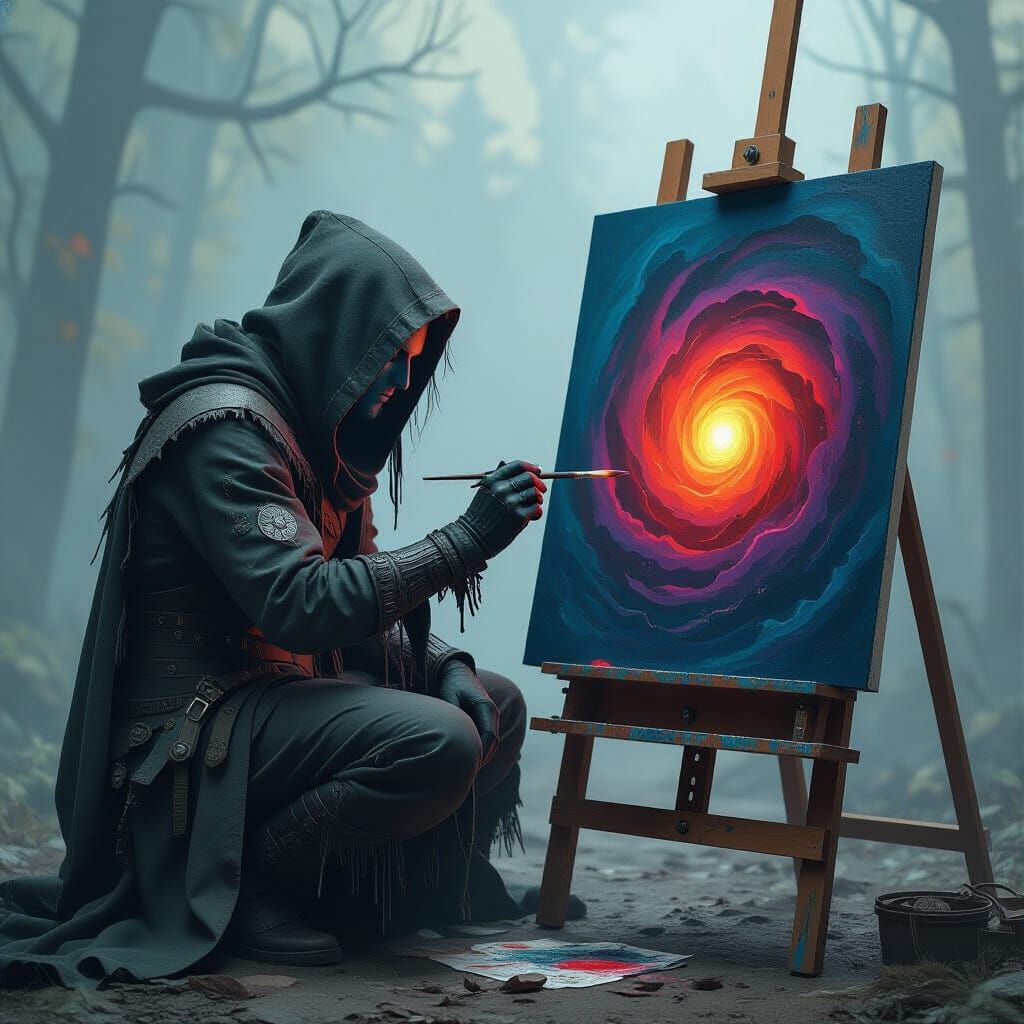 Dark Figure Painting a Biomechanical Masterpiece