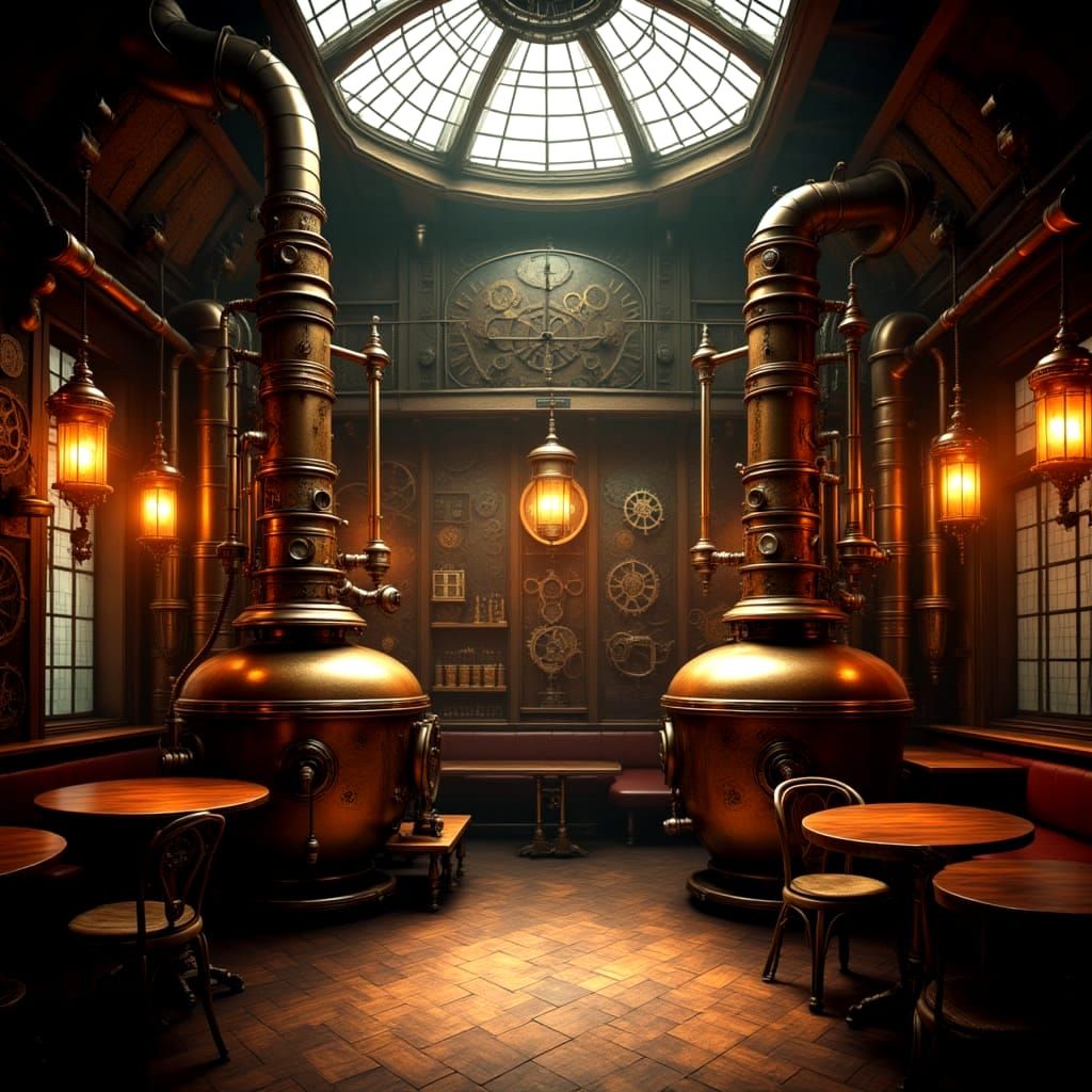 Steampunk Cafe Interior with Boilers and Amber Light