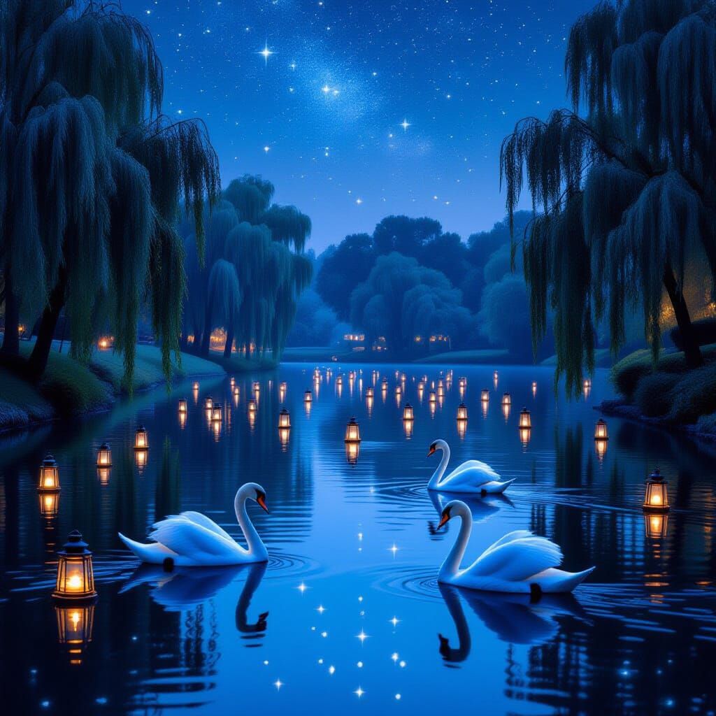 Vintage Lake with Lanterns and Swans