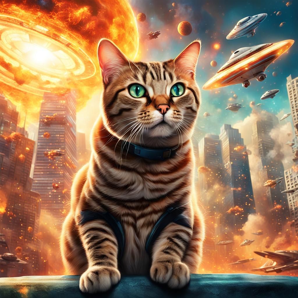 Surprised Cat Photo-Bombing Apocalyptic UFO Invasion