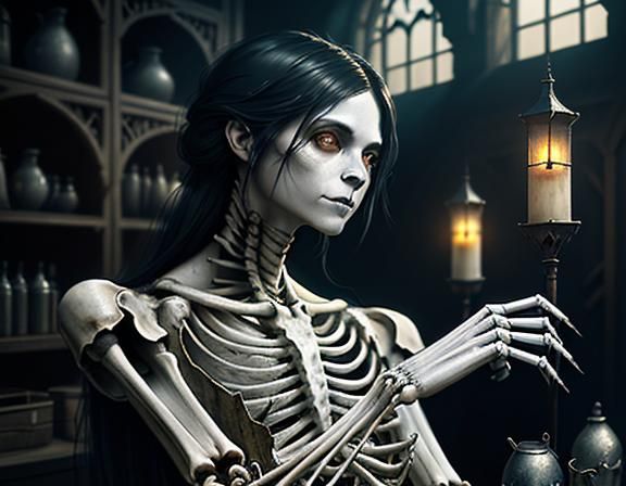 Furry Skeleton Cleans Bones: Dark Fantasy Concept Art