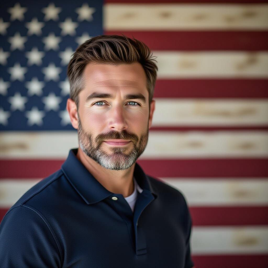 Man in Front of American Flag, Cinematic Portrait