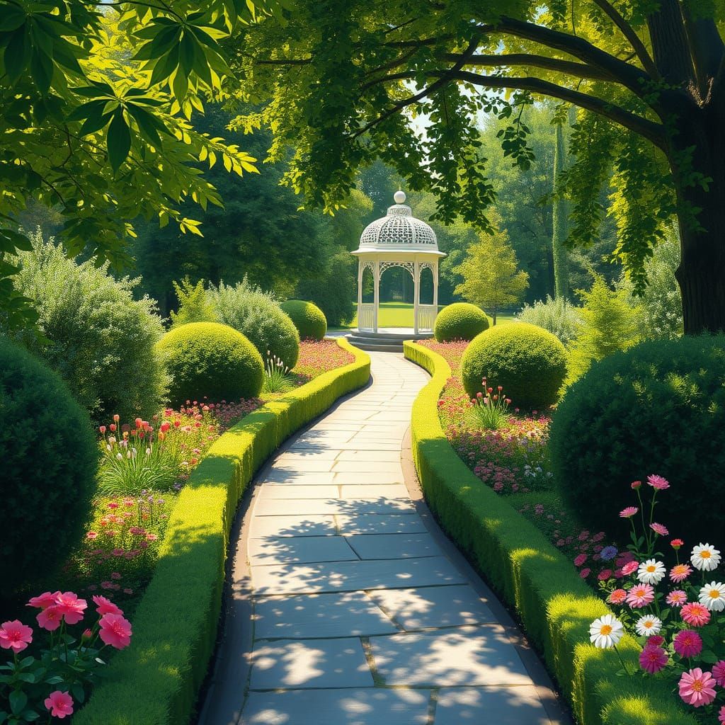 Serene Edwardian Garden in Full Bloom, Impressionist Style