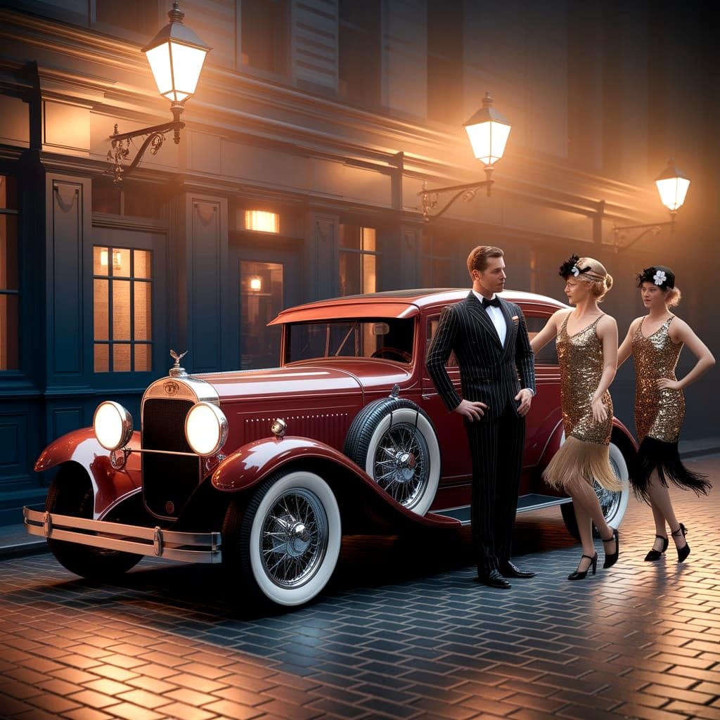 1920s Auburn Automobile and Flapper Ladies