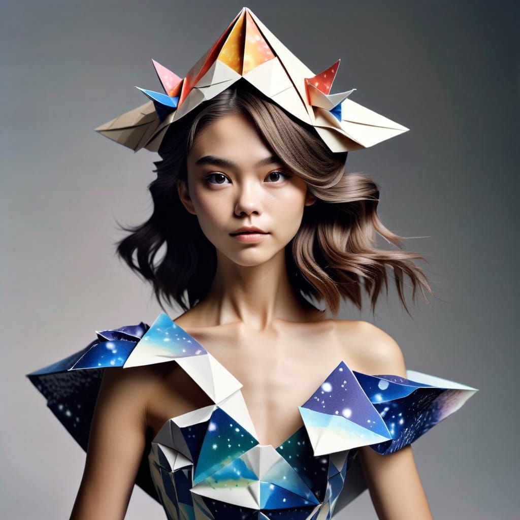 Surreal Origami Ceramic Princess in Vibrant Colors