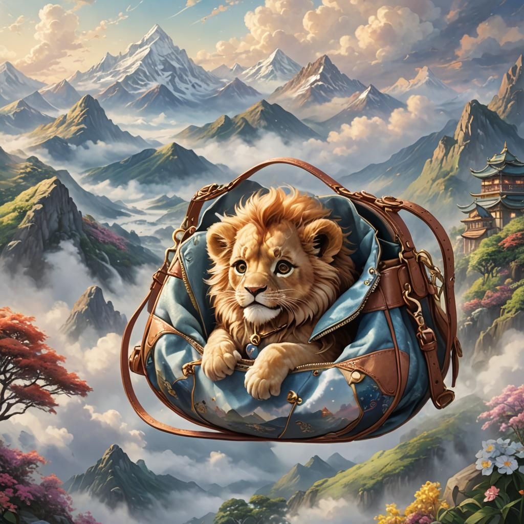 Cute Lion Cub in Purse, Anime Fantasy Art