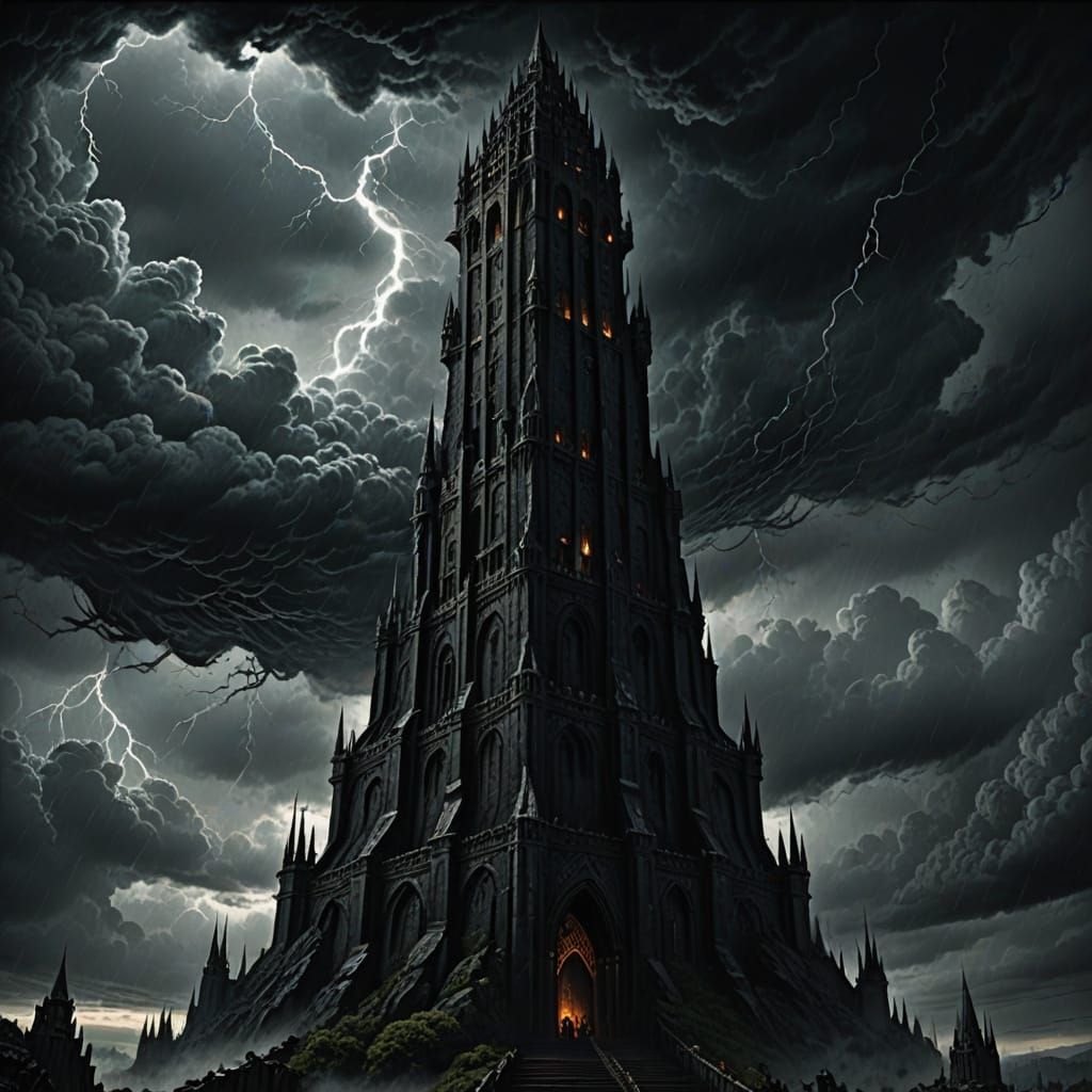Dark Fantasy Illustration of Orthanc Tower Under Stormy Sky