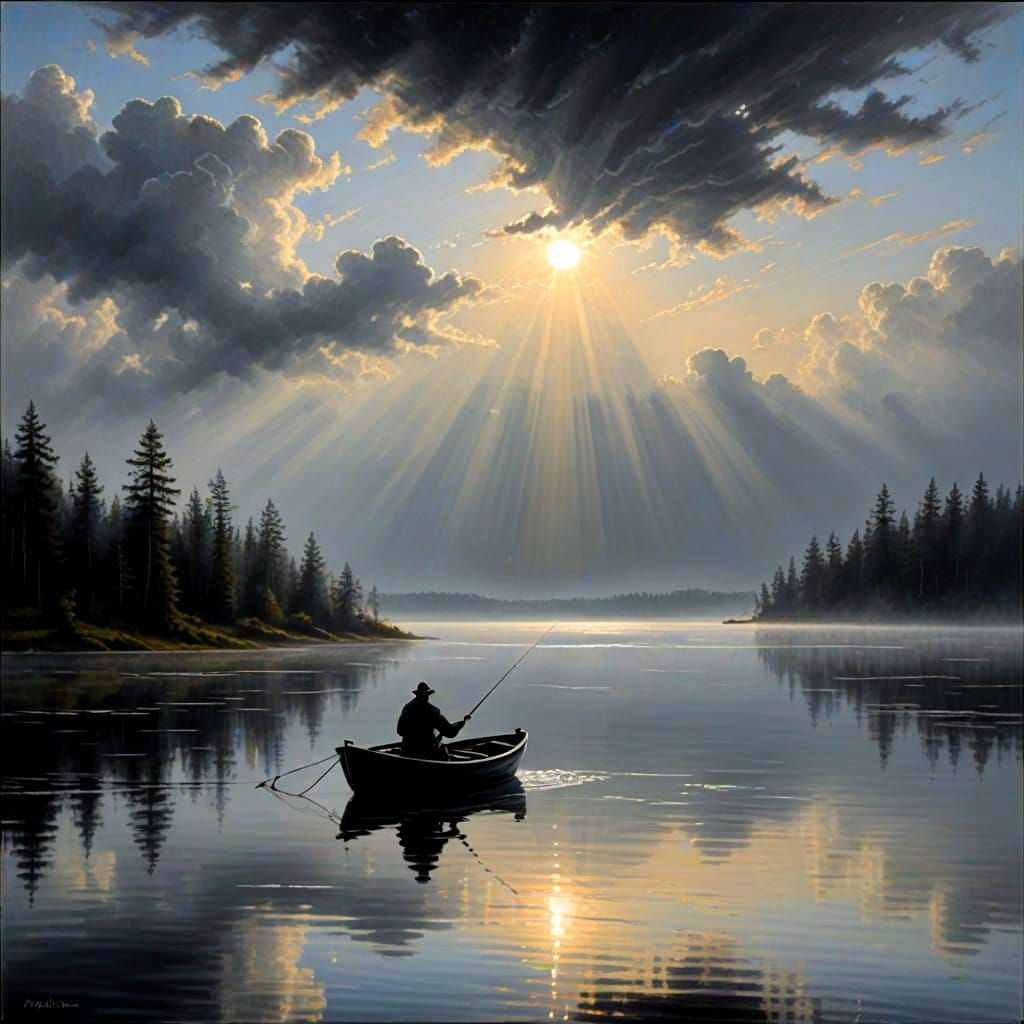 Foggy Morning Fishing Scene in Impasto Oil Painting Style