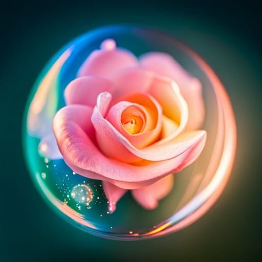 Luminous Rose in Iridescent Bubble, Macro Photograph