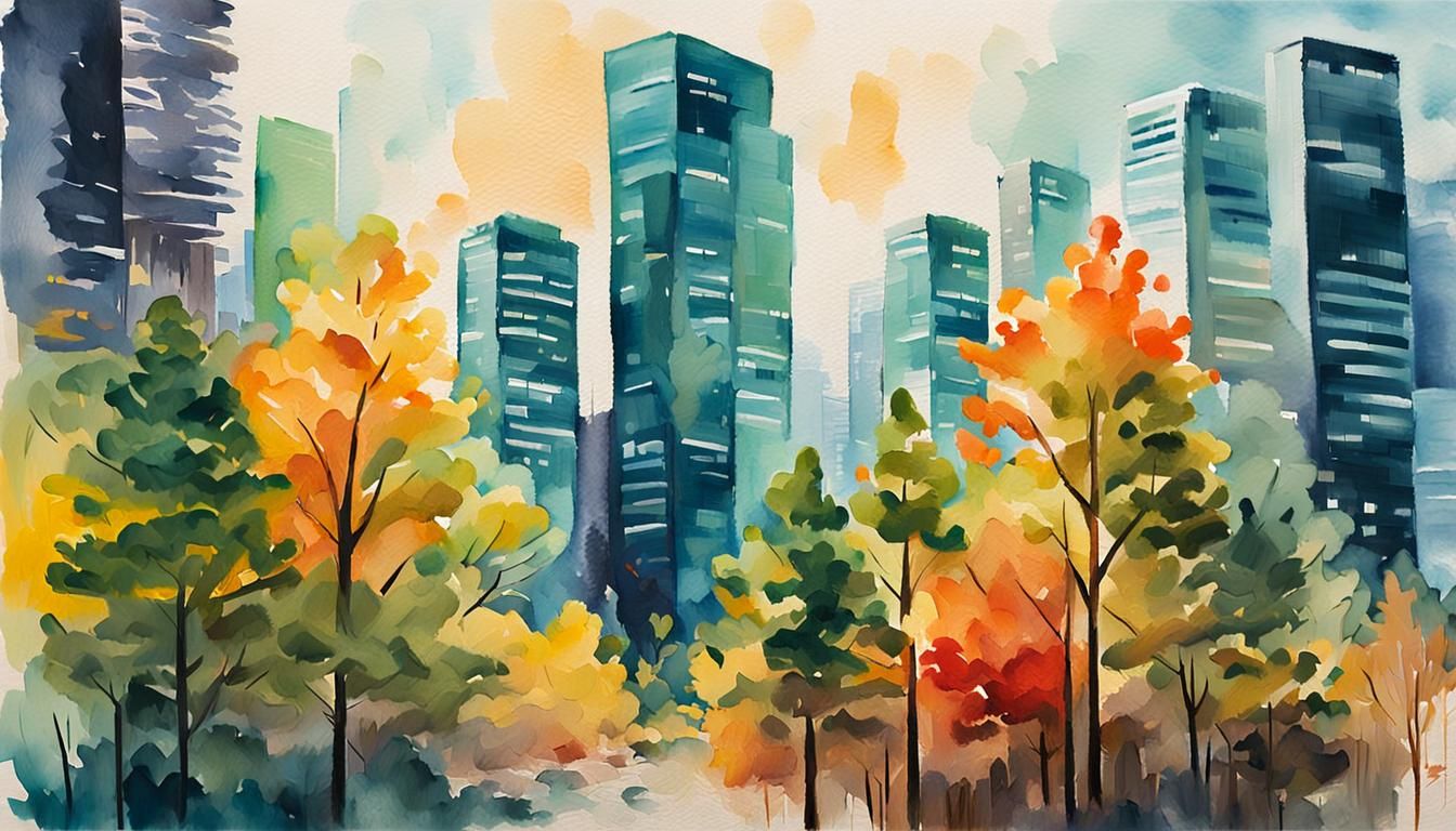 Impressionist Gouache Cityscape with Trees and Skyscrapers