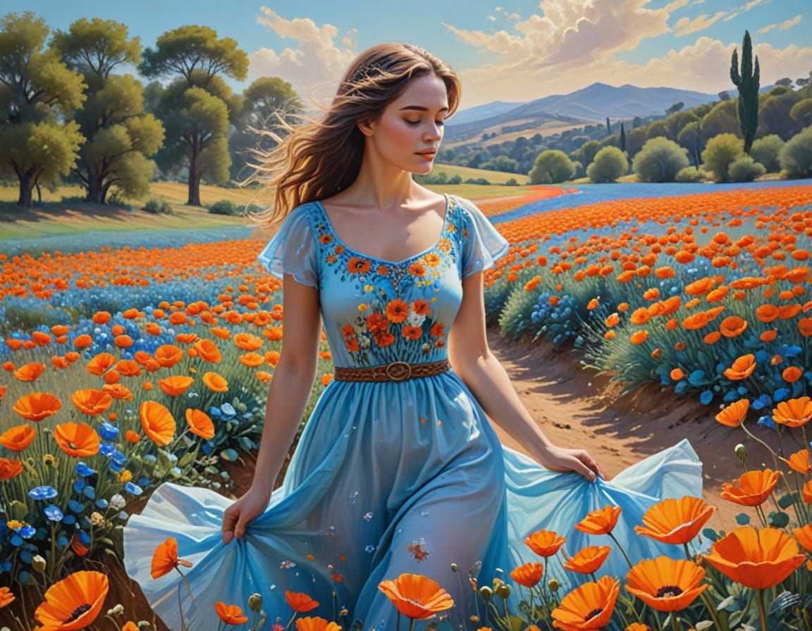 Woman in Poppy Field: Impressionist Oil Painting