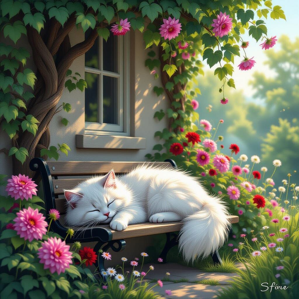 Pointillist Fantasy Art: Sleeping Scottish Fold Cat