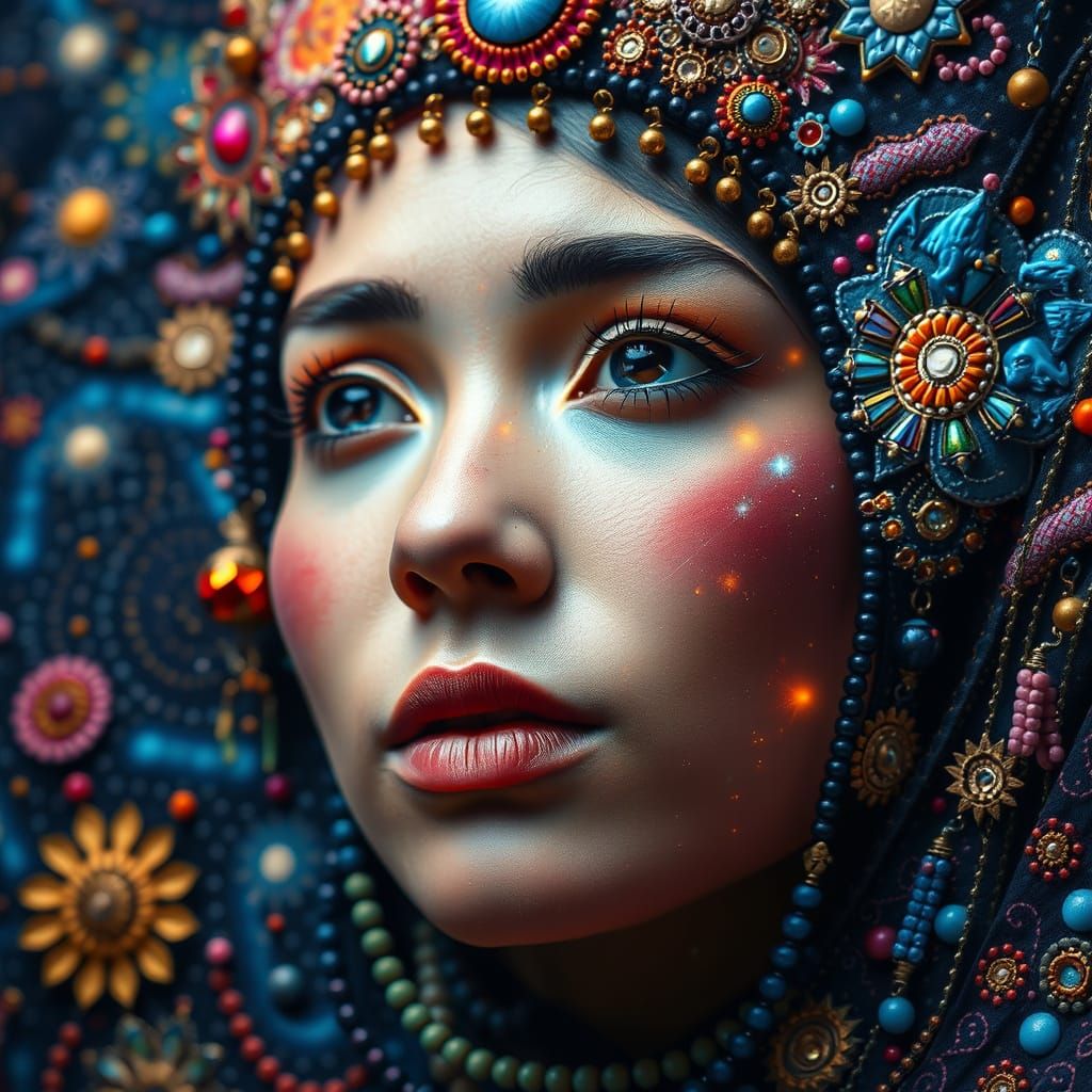 Cosmic Woman Portrait with Beads, Digital Art