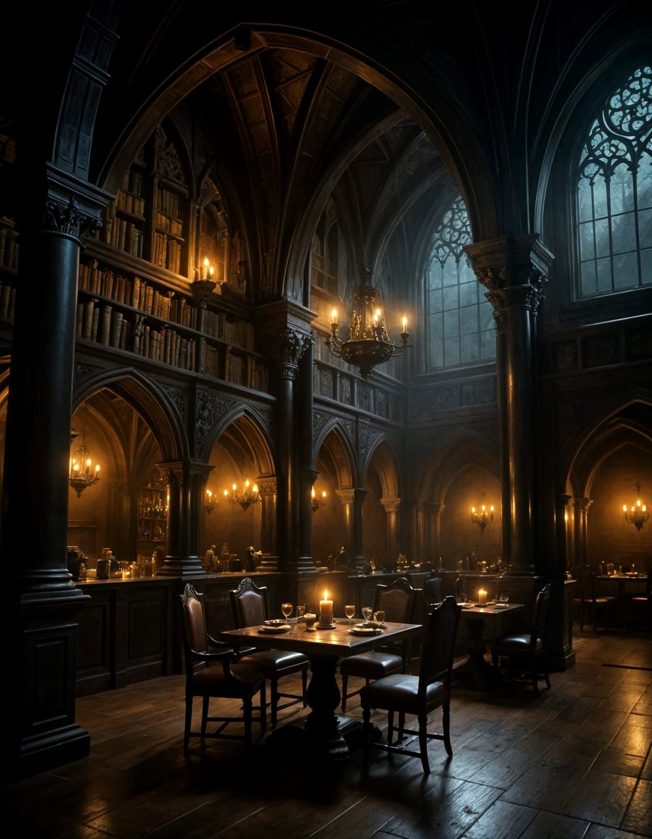 Enchanted Gothic Cafe Interior With Floating Books