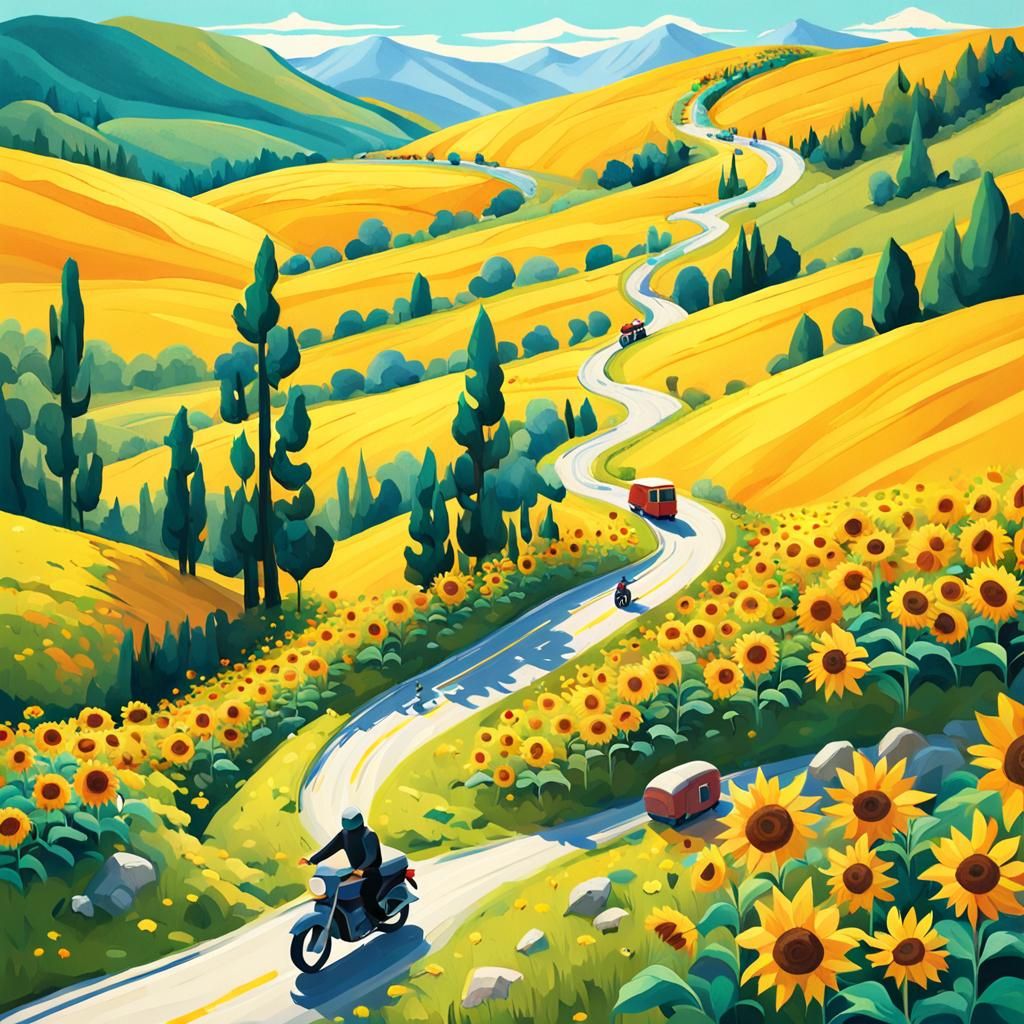 Motorbike and Caravan on Mountain Road, Whimsical Illustrati...