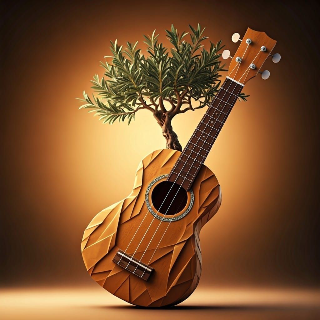 Ukulele with Olive Tree in Origami Style