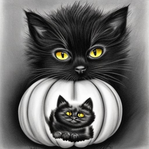 Hyperdetailed Charcoal Kitten in Pumpkin Field