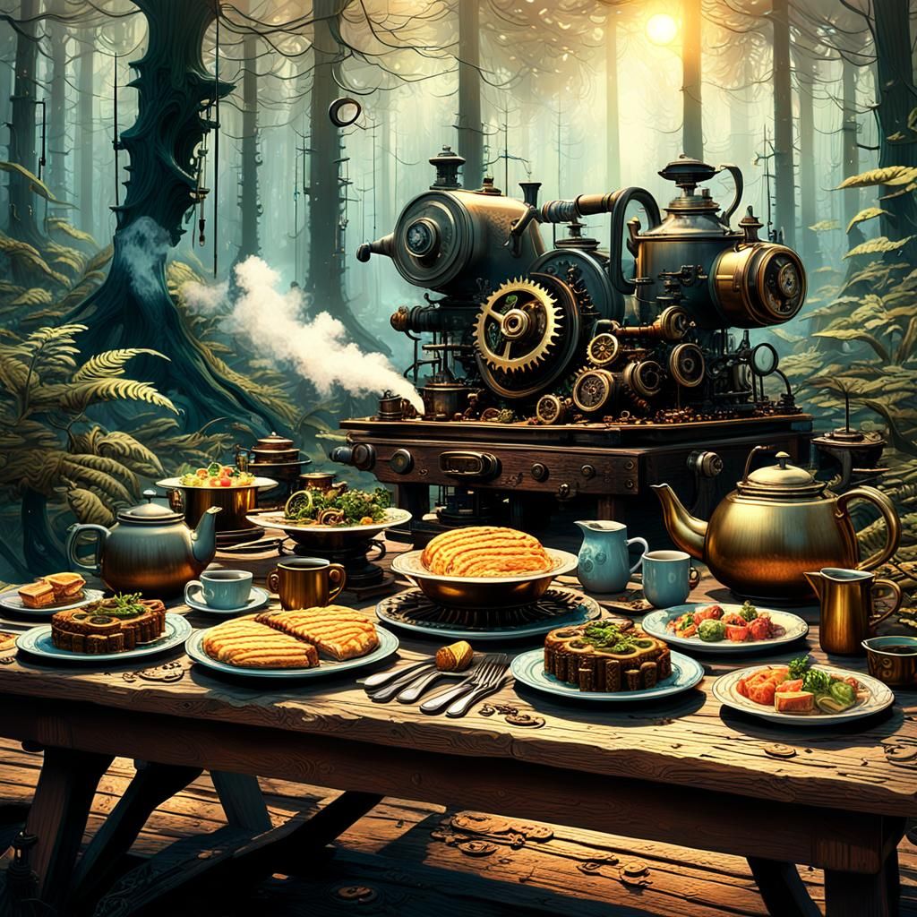 Steampunk Fantasy Feast in a Mystical Forest