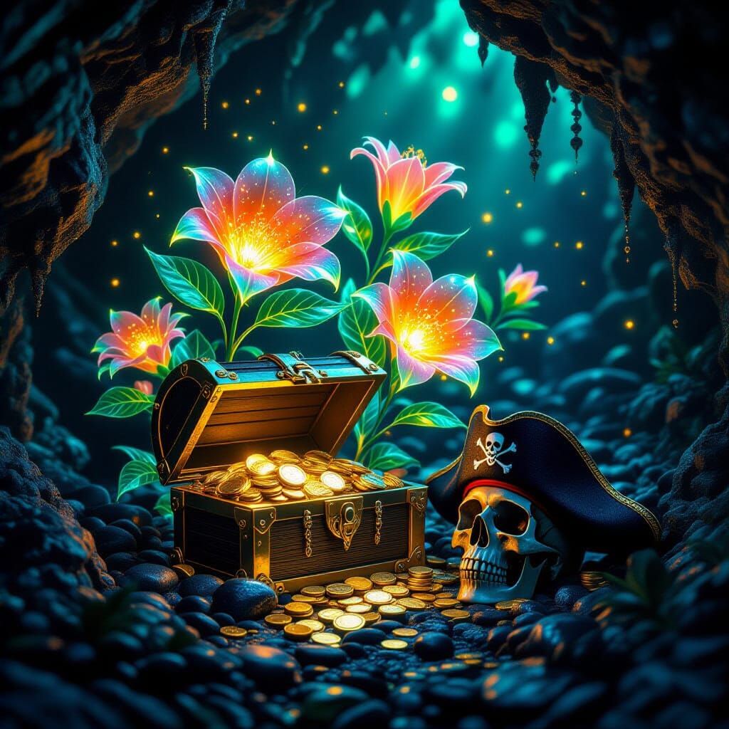 Bioluminescent Flowers Guard Pirate Treasure as Digital Art