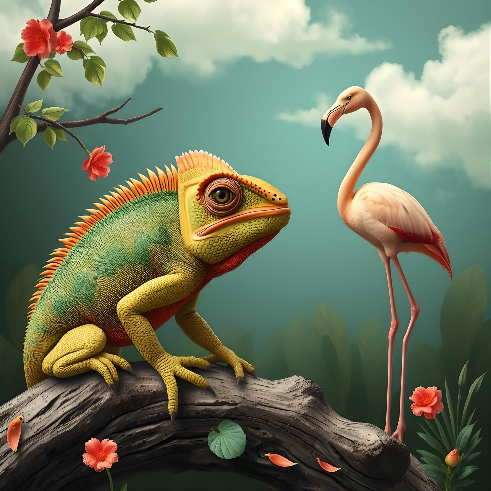 Surreal Chimera: Chameleon Skin, Pig Head, Flamingo Legs