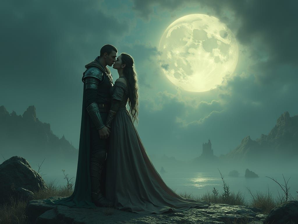 Elven Couple's Moonlit Kiss: Nostalgic Fantasy Art