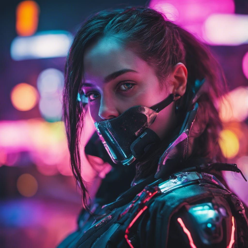 Cyberpunk Rocker Girl with Heterochromia in Neon City