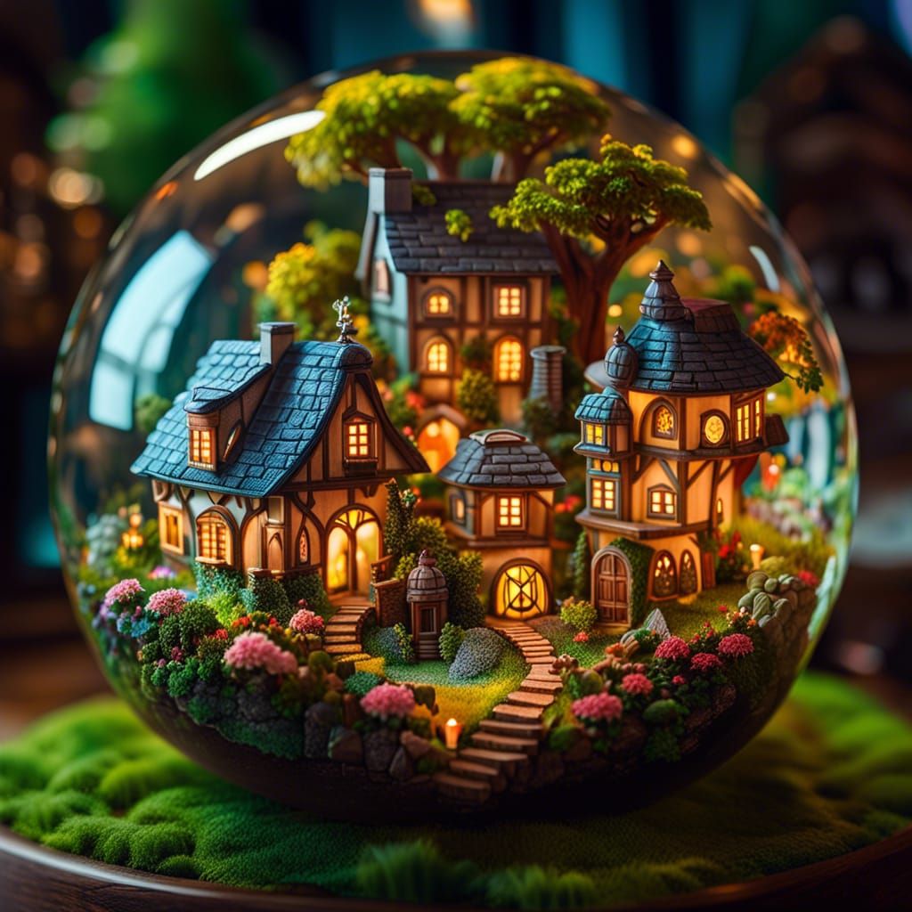 Glowing Miniature Flower Village in Glass Sphere
