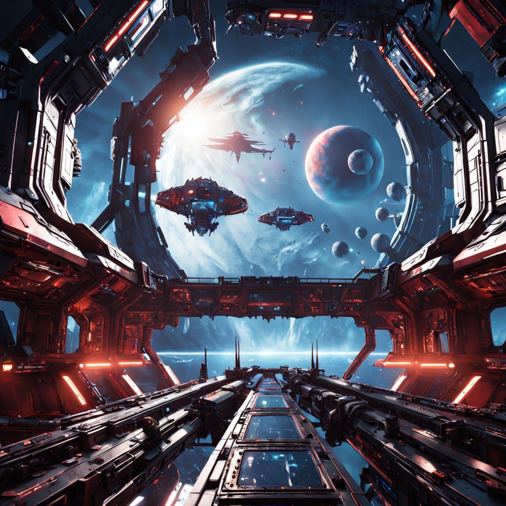 Sci-Fi Spacecraft Bridge View of Crimson Nebula