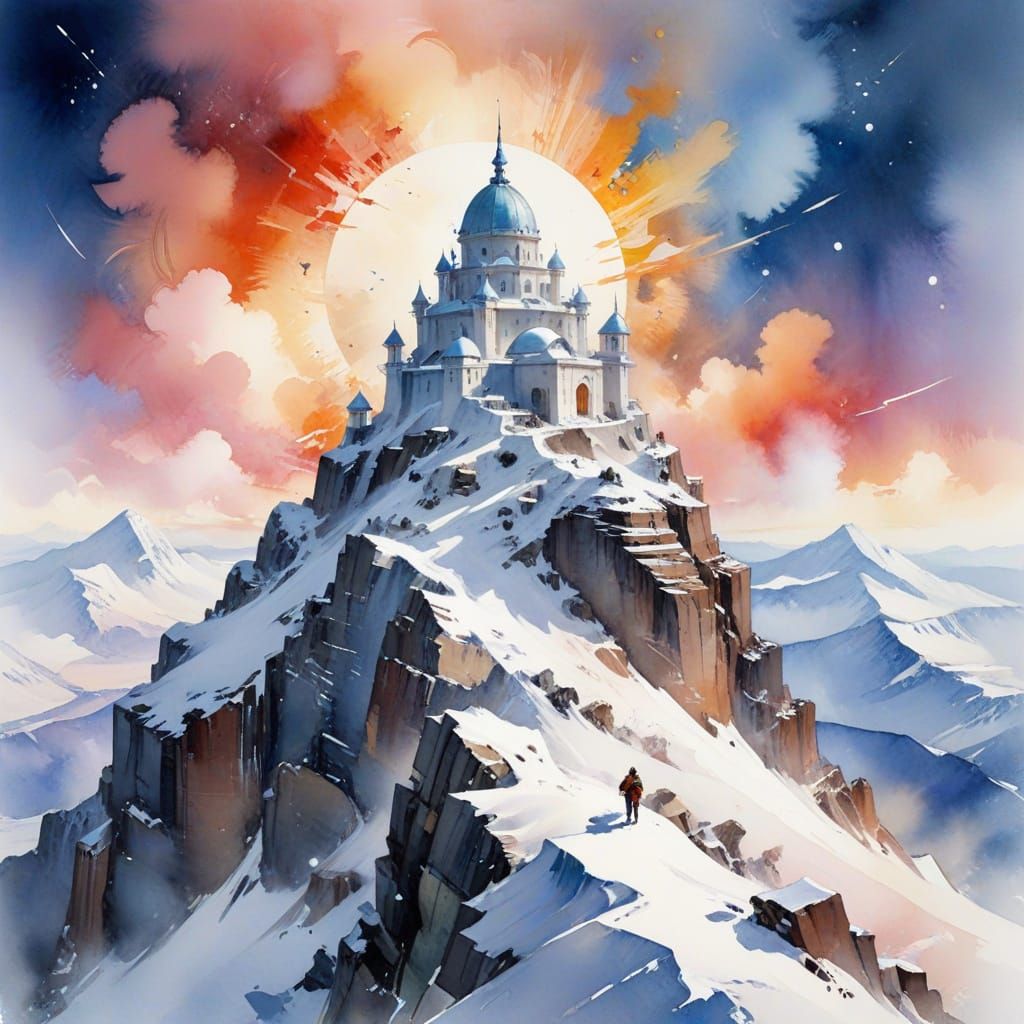 Mountain Observatory Studying Dragons in Watercolour Style