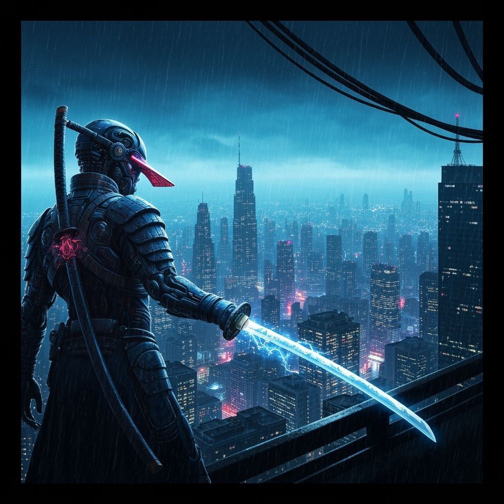 Cyberpunk Samurai Warrior in Neon Cityscape
