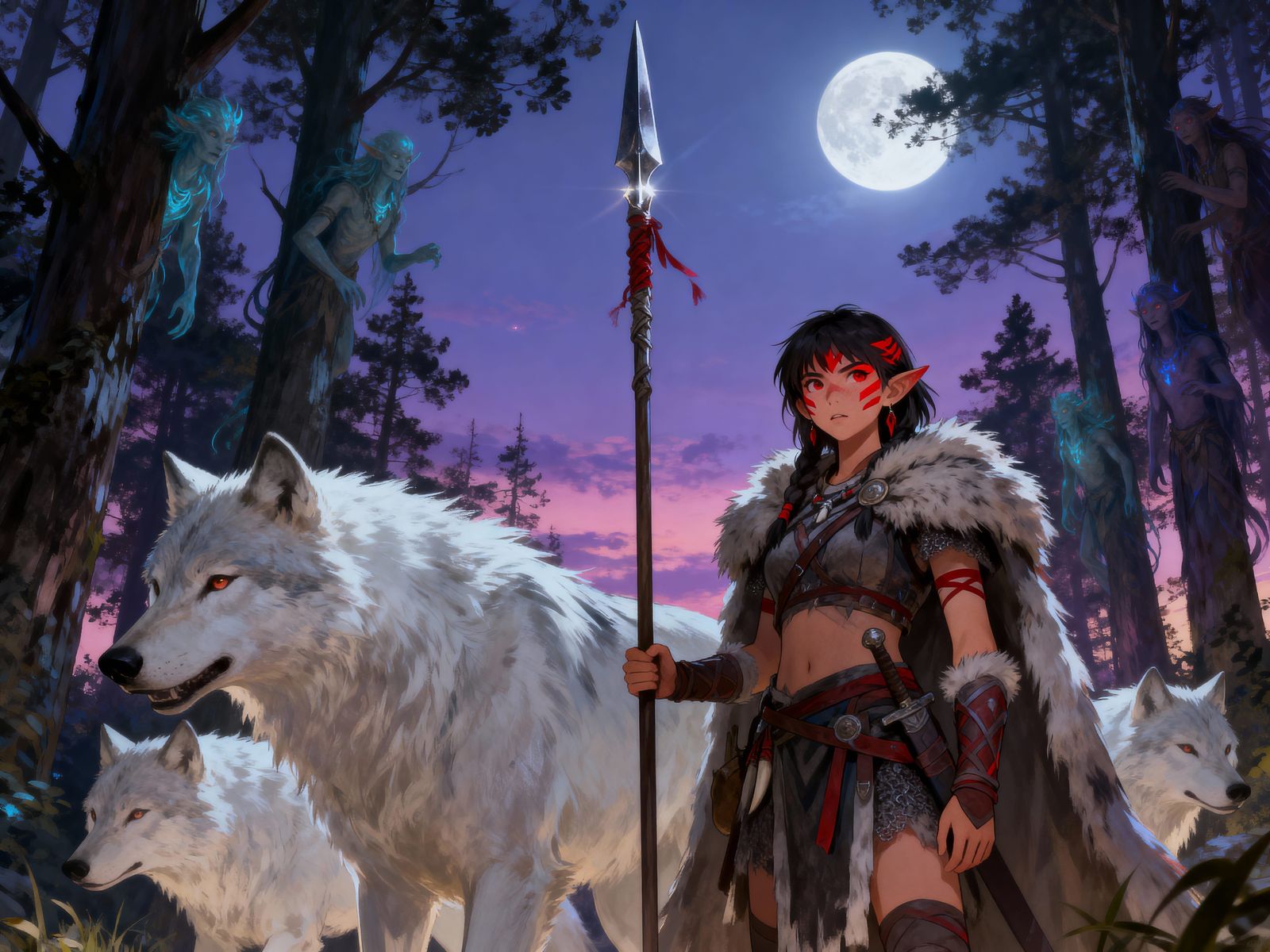 Warrior Beside Giant Wolves Under Twilight Sky