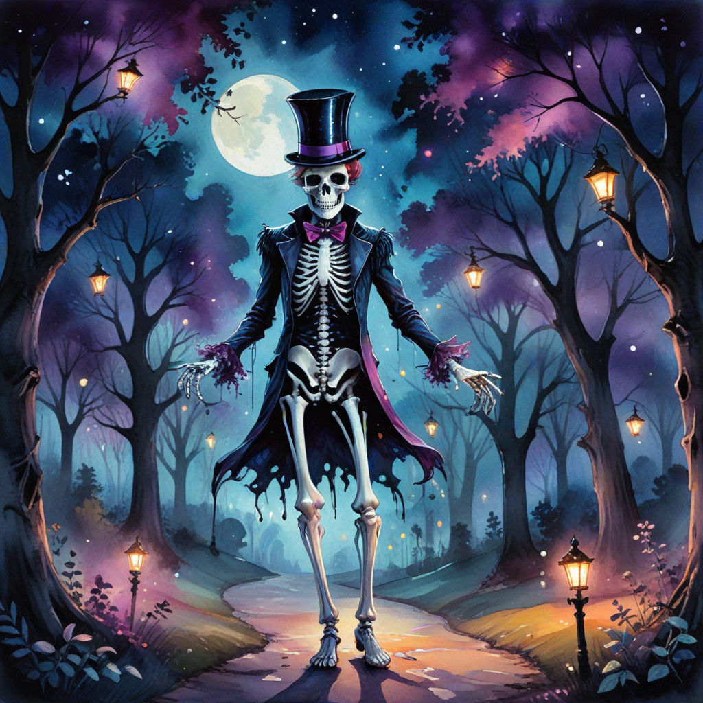 Whimsical Skeleton in Vibrant Watercolor Park Scene