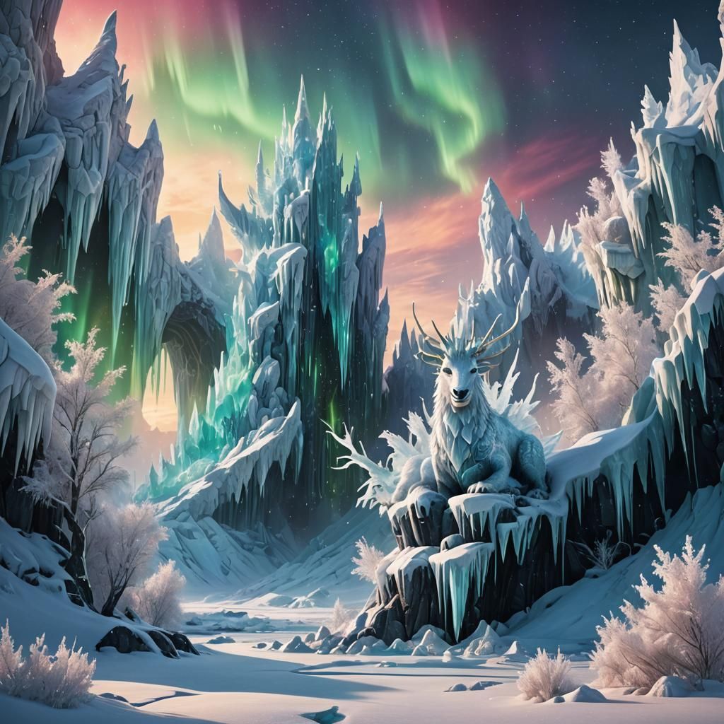 Magical Arctic Realm: Ice Dragons and Northern Lights