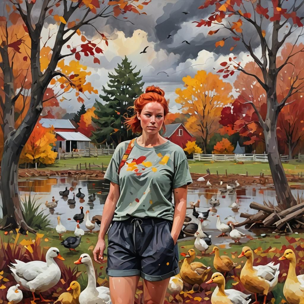 Farmyard Scene with Woman, Ducks, and Autumn Colors