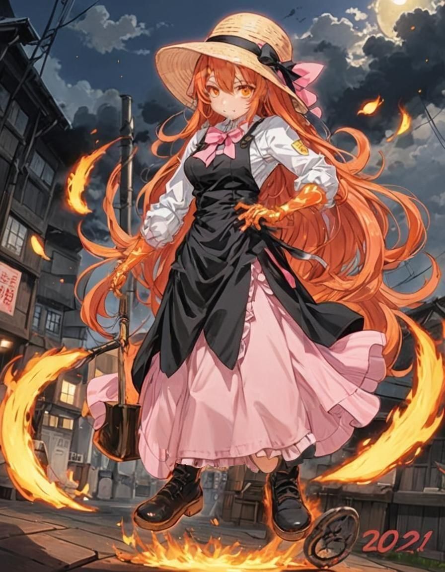 A woman made of fire. Her skin is orange and has small flame...