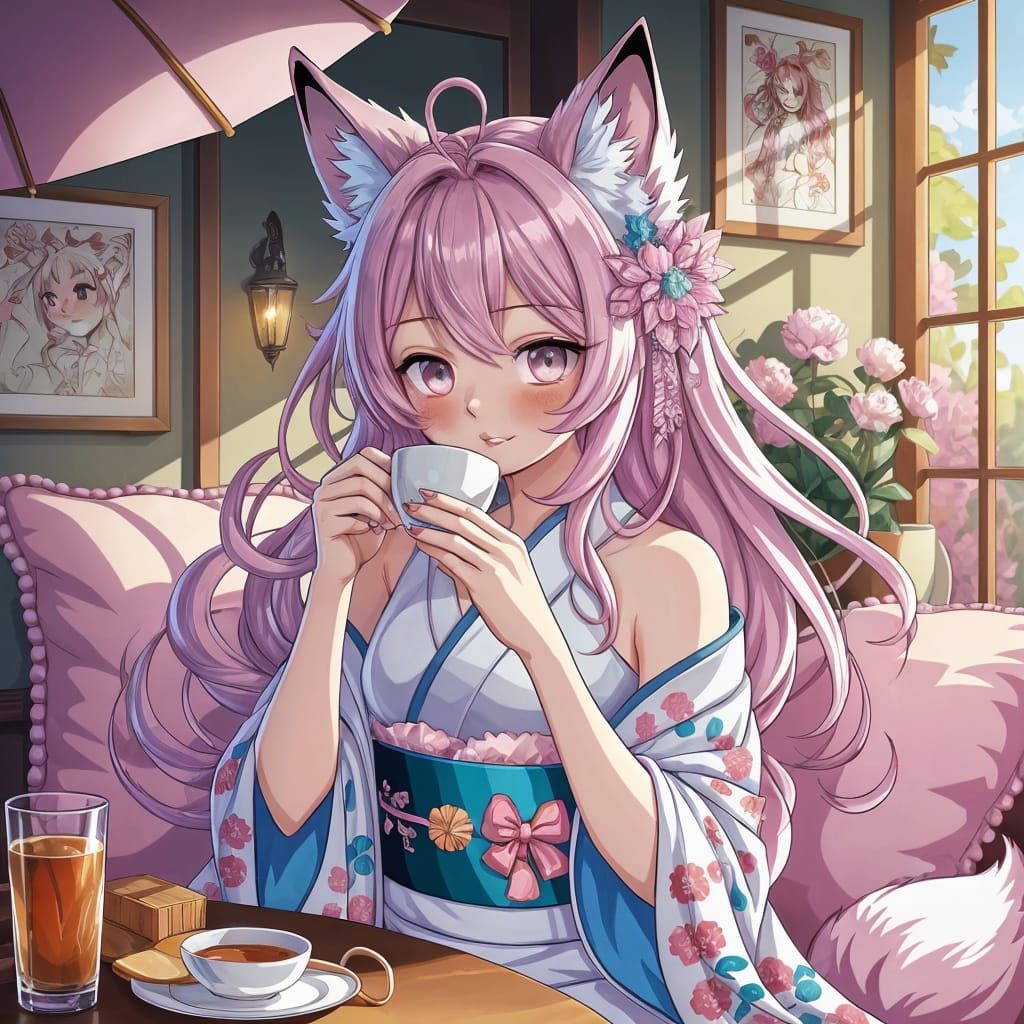 Anime Wolf-Girl in a Cozy Cafe